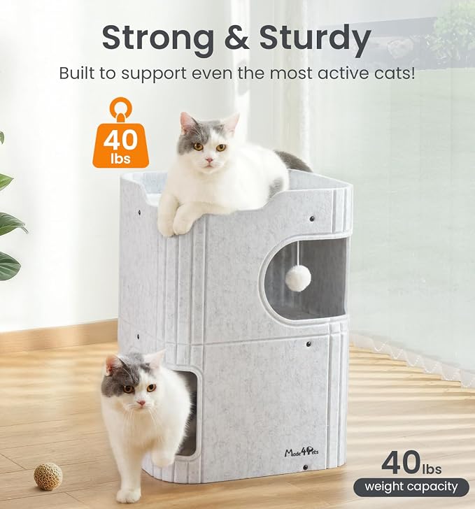 Made4Pets Cat House for Indoor Use, 2-Storey Cube Bed Cave, Covered Hideaway Condo with Scratch-Resistant Felt, Foldable Easy-to-Clean Design for Multi-Cat Homes, Marble White - Image 5