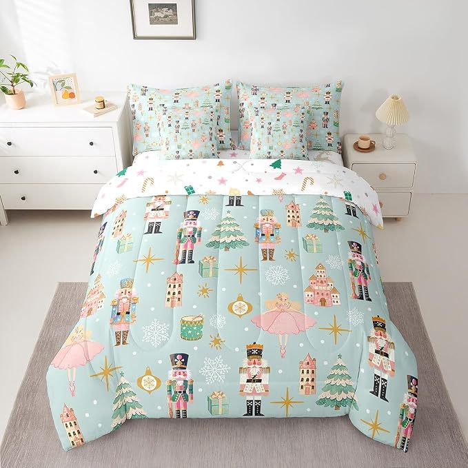 Erosebridal 7Pcs Green Christmas Comforter Set Queen,Xmas Tree Nutcracker Bedding Set,Pink Princess Bed in A Bag for Girls Women,Winter Xmas Holiday Christmas Ornaments Quilt with Flat Fitted Sheet - Image 3