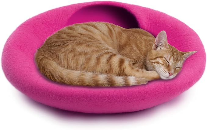 Woolygon Premium Felt Cat Cave Bed – Wool Kitty Beds Handcrafted Kitten Caves Bed for Indoor Cats - Made from Merino Wool, Foldable Cat Hideaway Covered Cat House Pod (Pink Plain) - Image 4