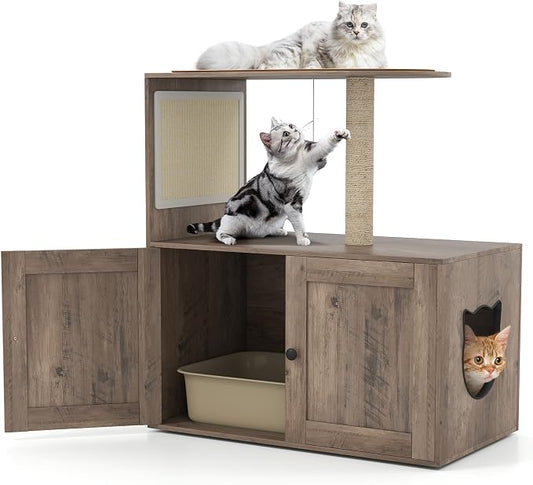 Tangkula Cat Tree with Litter Box Enclosure, Hidden Litter Box Cat Tower with Sisal Scratching Post & Mat, Dangling Ball, Vented Holes, Farmhouse Cat House Washroom (Oak Gray) by TANGKULA