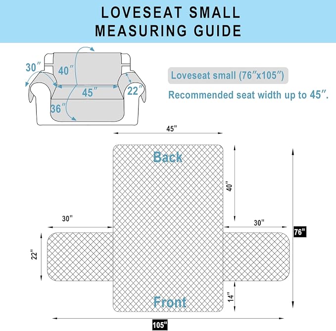Reversible 45" Small Loveseat Sofa Covers, White/White | Loveseat Covers for Dogs Water Repellent, Friendly Furniture Protector with Elastic Straps for Living Room - Image 7