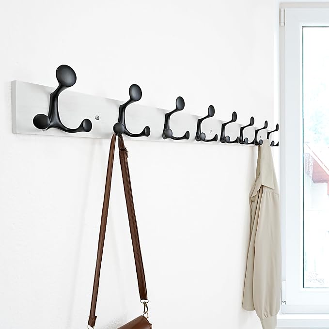 SKOLOO 43-Inch White Wood Coat Rack Wall Mount with 8 Triple Hooks - Ideal for Family Entrances, Classrooms, and Pet Supplies Storage - Perfect Coat Hooks for Wall, Pack of 2 - Image 3