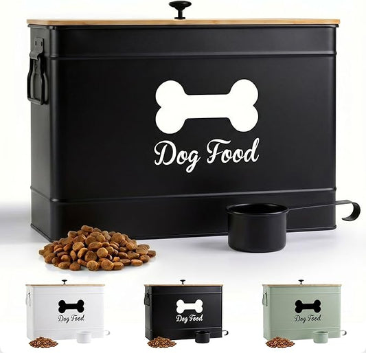 Metal Dog Food Container 15-20 lbs w/ Airtight Bamboo Lid, 70 Cup Capacity | Pet Jar For Dogs up to 100lbs, Airtight Bamboo Lid, Sturdy Comfortable Metal Handle, Powder Coated Iron, Kibble Storage Bin by HBDesignCo