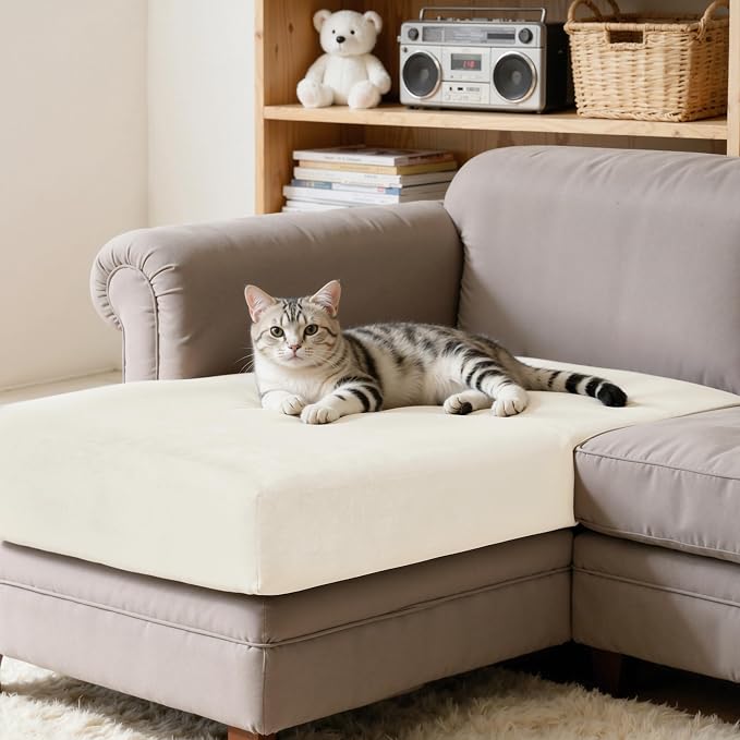 CHUN YI Velvet Couch Cushion Covers, 3 PC Water Resistant Sectional Couch Covers for L Shape Sofa, Individual Seat Cushion Protector for Pets (2 Seater + 1 Chaise, Ivory White) - Image 5