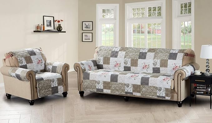 Brilliant Sunshine Pink Rose & Grey Toile Patchwork Couch Cover, 78" seat | Non Slip Sofa Cover, Living Room Quilted Furniture Protector, Extra Large Washable Slipcover for Pets, Dogs & Cats - Image 5