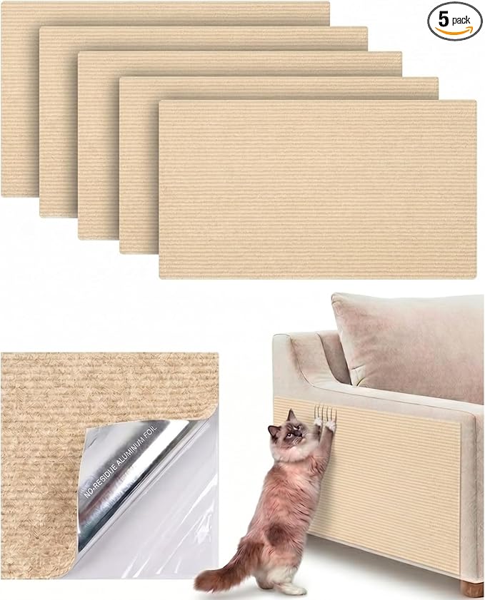 Corner & Wall Cat Scratch Mat (Beige, 23.6''x11.8'', 5-Pack), Self-Adhesive Trimmable Cat Scratcher, Wall Mounted Scratching Pad for Indoor Cats, Sofa Furniture Protector, Cat Post Cover Replacement by Unknown