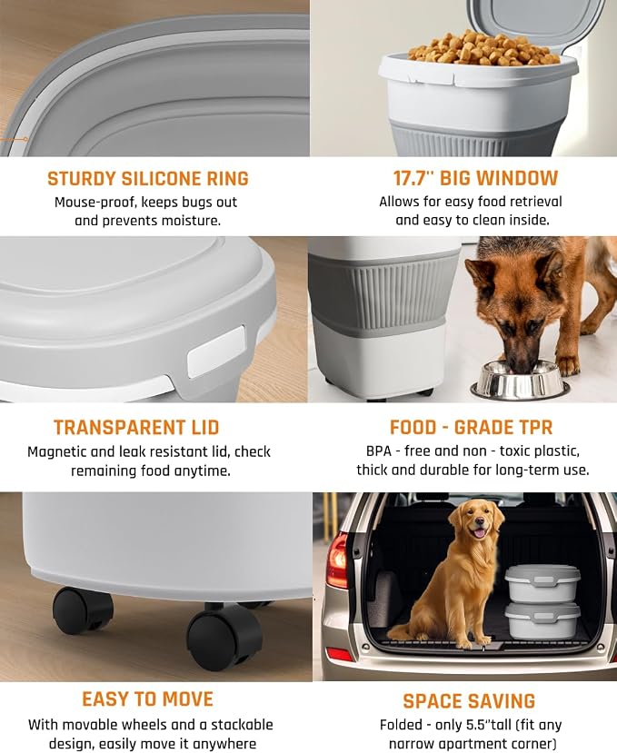 HOYTAMDAR 28-30Lbs Dog Food Storage Container, Collapsible Dog Food Container with Lid,Multifunctional Pet Food Storage Container for Dog,Cat,Rice,Flour,Pet Food Scoop and Small Container - Image 8