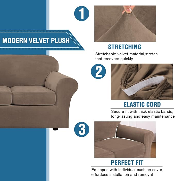 H.VERSAILTEX Modern Velvet Plush 4 Piece High Stretch Sofa Slipcover Sofa Cover Furniture Protector Form Fit Thick Velvet Sofa Cover for 3 Cushion Couch Width Up to 90 Inch (Sofa, Mocha) - Image 3