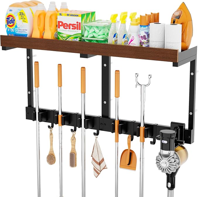 Broom and Mop Organizer Wall Hanging, Broom Hanger Holder Wall Mount | 3-in-1 mop and broom holder wall mount with 5 racks,5 hooks, storage shelf & vacuum organizer for garage,kitchen,laundry room by Unknown