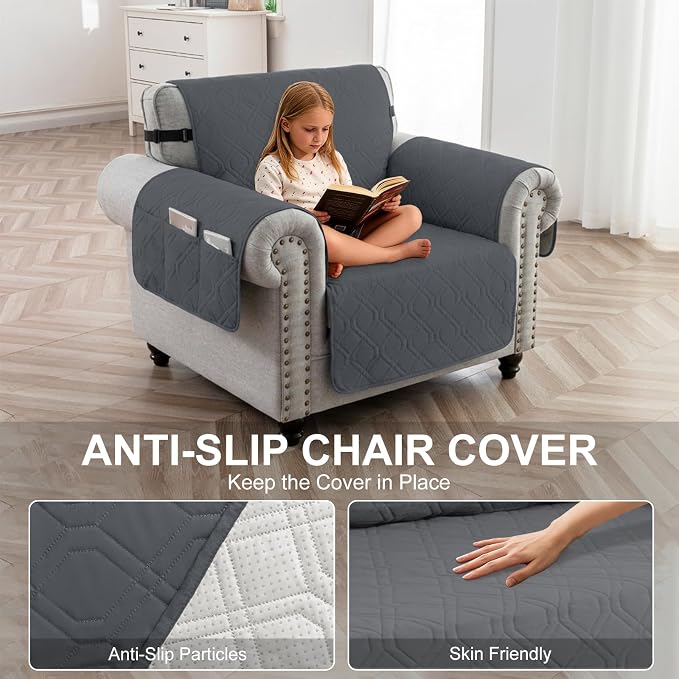 100% Waterproof Couch Cover,Straps&Pockets,pet Friendly,23" Gray | Washable sofa cover, pet-friendly, scratch-resistant furniture protector, quilted sofa cover, reversible, non-slip backing. - Image 4