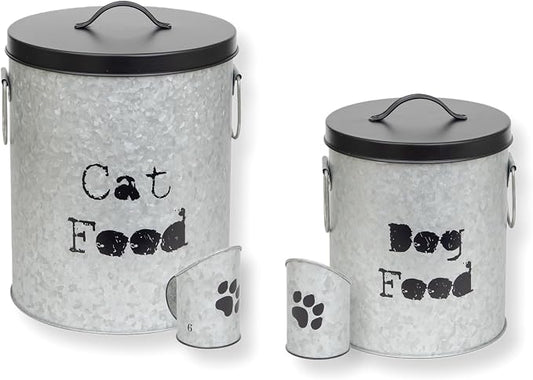 Medium 30lb Cat & Small 20lb Dog Pet Food Storage Canister with Scoop – Durable & Airtight for Freshnesss, Minimalist Design & Recyclable, Medium Metal Container(Combo - Small Dog Bin & Med Cat Bin) by ThePetSteel