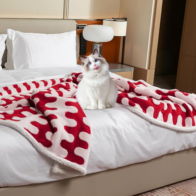 Waterproof 85x85in Pet Blanket Red Stylish Jacquard Sharpa Fleece Dog Blankets for King Size Bed Couch Sofa Covers Furniture Protection Washable Reversible Covers (Red Wave,XXL) - Image 6