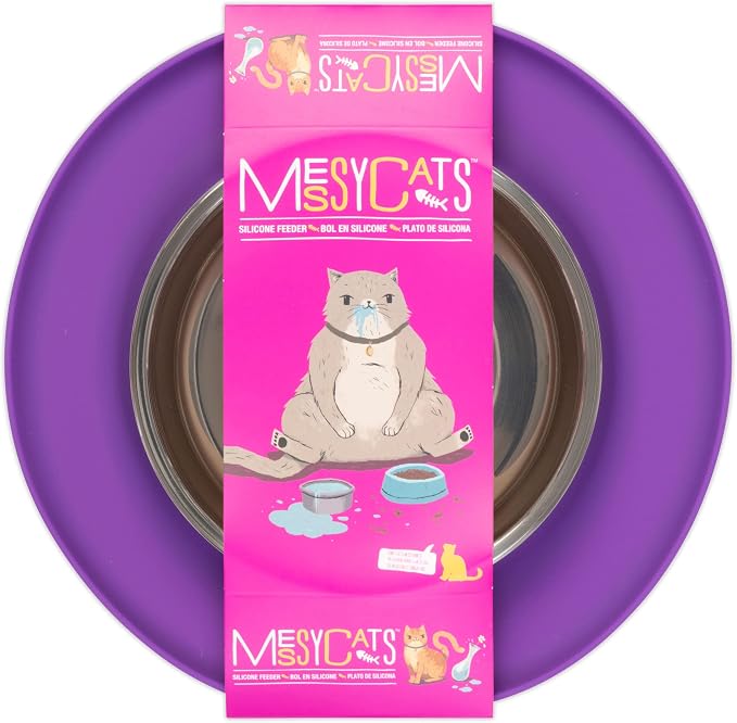 Messy Cats Single Silicone Feeder, Stainless Bowl, 1.75 Cup, Purple | Non-Slip Silicone Cat Feeding Station With Removable Stainless Steel Saucer Bowl For Food Or Water - Image 5