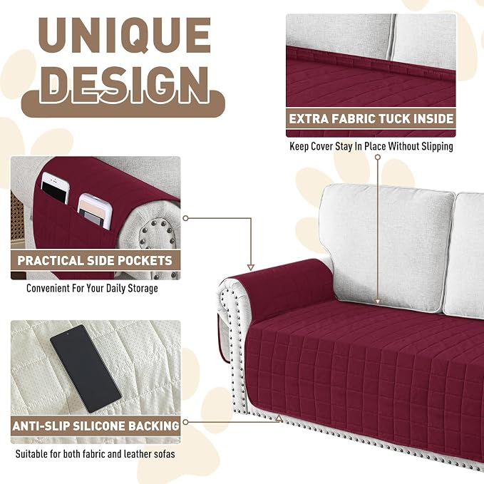 MAXIJIN Waterproof Chair Cover for Dogs Washable, Quilted Chair Seat Cover Sofa Slipcover for Armchair with Side Pockets, Non-Slip Furniture Protector for Pets Kids (Chair, Wine Red) - Image 5