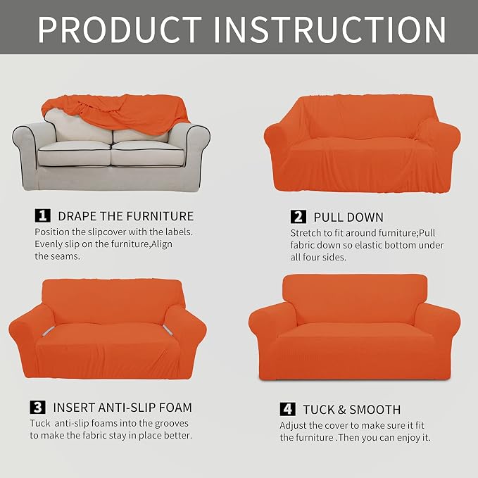 Easy-Going Stretch Loveseat Couch Covers Washable Orange | 1-Piece Loveseat Covers for 2 Cushion Couch Furniture Protector RV Sofa Slipcover Soft with Bottom for Kids Pets - Image 8