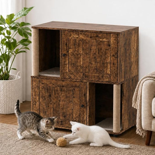 Garvee Double Layer Cat Litter Box Furniture, 2 in 1 Hidden Litter Box Furniture with Scratching Post and Litter Mats, Wooden Corner Cabinet Cat Washroom Bed by Garvee
