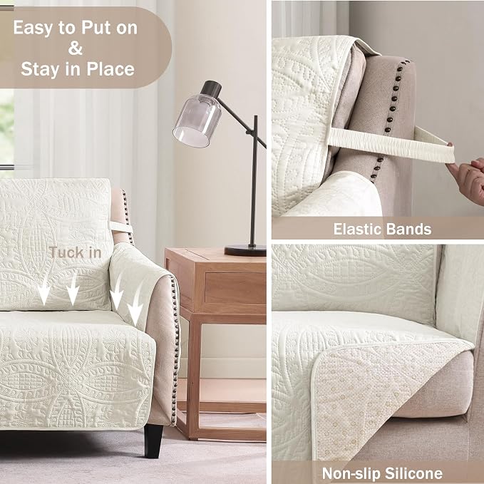 Stay in Place Ivory White Quilted Loveseat Couch Cover for 2 Cushion Couch, Water Repellent Love Seat Quilted Sofa Covers Washable, Pet Friendly Slipcovers (Loveseat 48", Ivory White) - Image 5