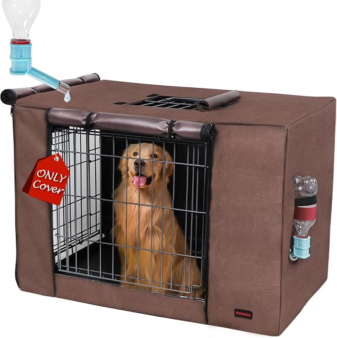 Dog Crate Cover Heavy Duty Oxford Fabric for 24-Inch Wire Crates | Brown Kennel Cover Only, Fits 1 & 2 Door Wire Cages, Provides Privacy & Comfort Space, Includes Water Bottle Sipper Tube by Peipaws