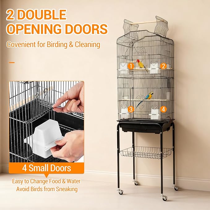 Garvee Open Top Large Parrot Bird Cage, Hanging Bird Cage with Detachable Rolling Stand and Storage Shelf, Playtop Parrot Cages Heavy-Duty Pet Birds House for Cockatiel Black - Image 6