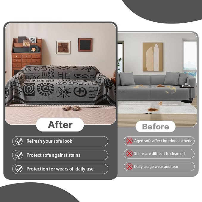 DREAMINGO Grey Japandi Couch Cover Boho Tribal Jacquard Sofa Covers for 3 Cushion Couch Thick Soft Chenille Living Room Furniture Futon Sectional Sofa Slipcovers Washable, XX-Large 71"x150" - Image 5