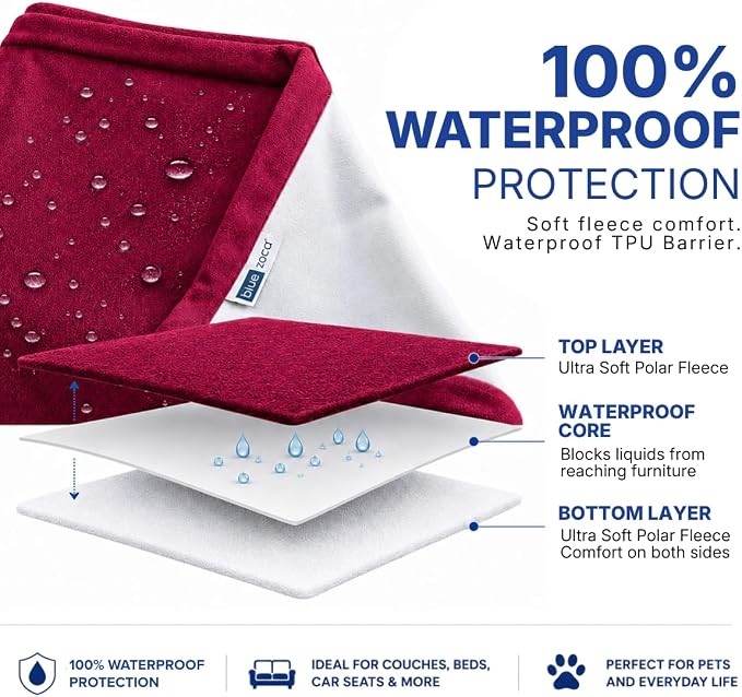 Waterproof Blanket | Machine Washable Dog Bed Cover | Waterproof Pet Blanket for Couch, Bed & Car | Cat & Dog Blankets for Large Dogs, Pets & Adults | Travel Size - 65x50in Merlot - Image 3