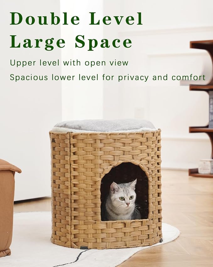 SETVSON Cat House for Indoor Cat, Large Double Cat Houses Bed, Natural | Handwoven PE Rattan Cave with One Soft Pad, 17 x 17 x 17 In Foldable Kitten Hideaway, Double-Level Play & Nap Spot - Image 2