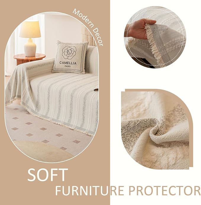 VClife Chenille Sofa Cover Bohemian Striped Pattern Couch Cover for 2 Cushion Sofa - Cream and Gray Textured Sofa Slipcover Washable Furniture Protector for Couch Decorative Couch Cushion Cover - Image 5