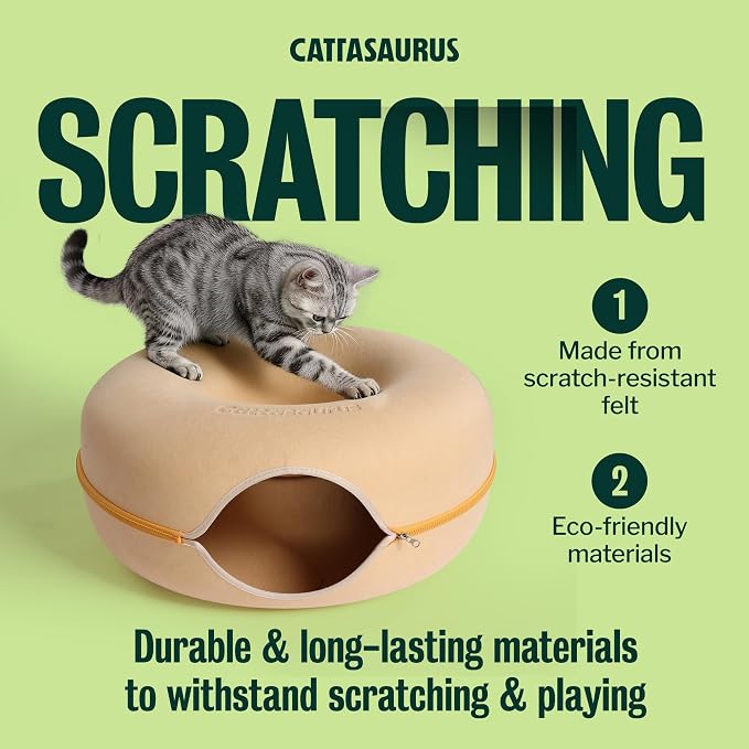Cattasaurus Peekaboo Cat Cave Donut for Multiple & Large Cats up to 30-45 lbs, 3-in-1 Self Warming Cat Bed, Tunnel & Scratcher for Indoor Cats, Washable & Detachable Dog Bed (Pastel Macaron, Large) - Image 5