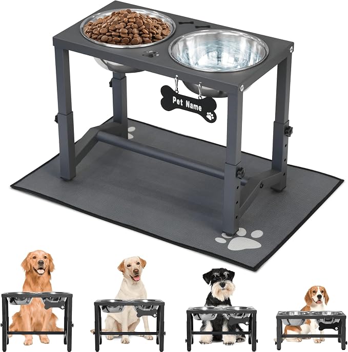 Elevated Dog Bowls, 4 Height Adjustable Metal Raised Bowl Stand with 2 Thick Stainless Steel Food Bowls & Spill-Proof Mat, Adjusts to 13.6'', 12.2'', 10.9'', 9.5'' for Large/Medium Breeds by FLODOMIXHOME