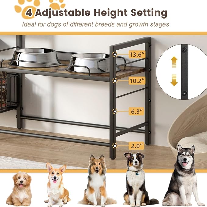 Lomivra Dog Feeding Station with 2 Elevated Bowl Stands & Large Storage | For 2-3 Dogs, 4 Adjustable Bowl Heights, Fit Large Medium Small Dogs, Fit All Bowl Types, Pull-Out Toy Bin, Dog Food Storage - Image 4