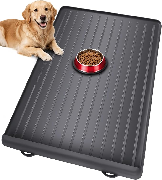 Dog Mat for Food and Water - 39.4" x 27" Large Pet Feeding Mats with Residue Collection Pocket - Waterproof Dog Cat Bowl Mat with High Edges to Prevent Water and Food Spills (Black) | Waterproof Pet Bowl Mat with Residue Collection Pocket and High Edge... by Yessotech