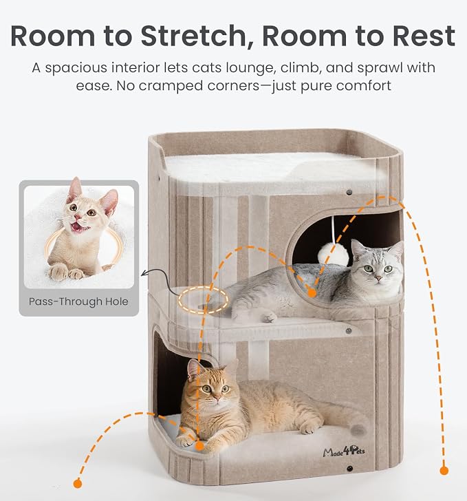 Made4Pets Cat House for Indoor Use, 2-Storey Cube Bed Cave, Covered Hideaway Condo with Scratch-Resistant Felt, Foldable Easy-to-Clean Design for Multi-Cat Homes, Beige - Image 6