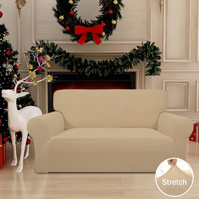 Easy-Going Stretch Loveseat Couch Covers Washable Sand | 1-Piece Loveseat Covers for 2 Cushion Couch Furniture Protector RV Sofa Slipcover Soft with Bottom for Kids Pets - Image 2