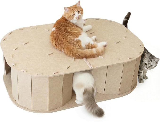 PETKARAY Large Felt Cat Tunnel, Double S-Shaped Hideaway for Indoor Cats, Interactive Cat Bed Cave and Hideout, 34x22.8x10.2 inches Beige by PETKARAY