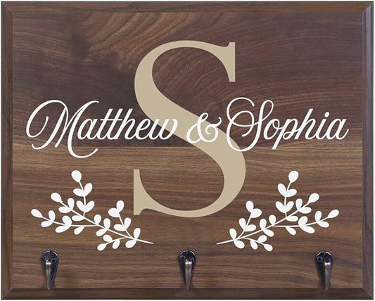 Personalized Couple's Family Name with Monogram Wall Mounted Coat,Key, Hat, Pet Leach Collar Rack with 3 Hooks 15" w x 12" h 4.25" deep (Couple Name) by Unknown