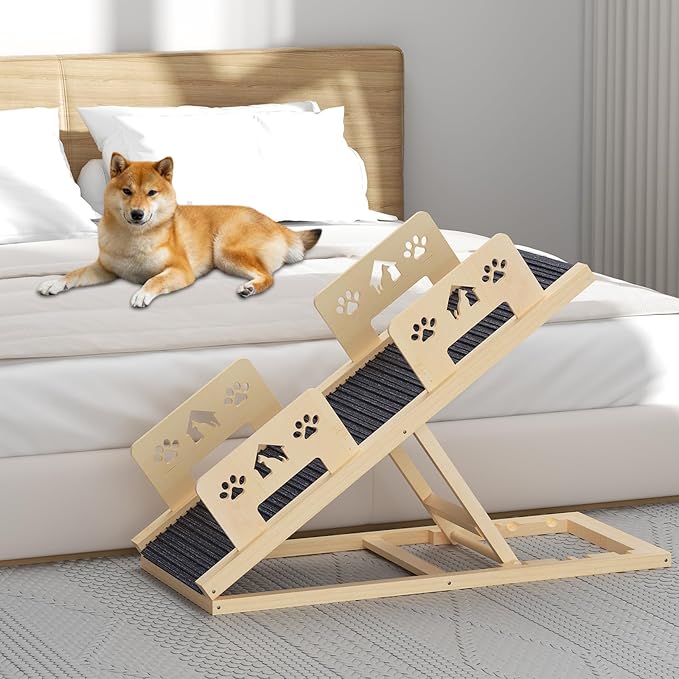 Dog Ramp for Bed 4 Adjustable from 13.8"-22.8" Portable Dog Steps Folding Ramp for Dogs to Get On Bed Wooden Paw Ramps with Anti-Slip Grip & Safety Rails Dog Stairs for High Beds Car Couch