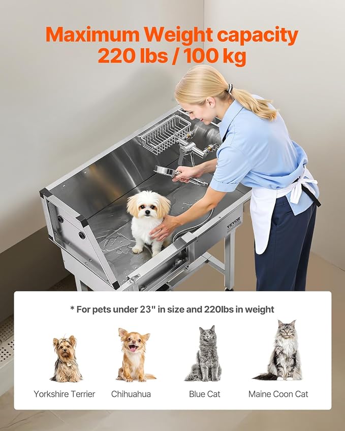 VEVOR Professional Dog Washing Station, 34 Inch Stainless Steel Pet Grooming Tub with Hot Cold Faucet, Adjustable Showerhead, Non-Slip Stairs & Side Sink, for Small to Medium Dogs and Cats (Left Door) - Image 4