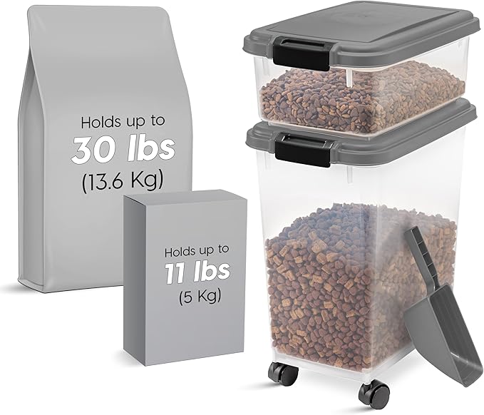 IRIS USA 30 lbs & 11 lbs Combo Airtight Dog Food Storage Container, Stackable Treat Box, 2-Cup Scoop, Wheels, Keep Fresh, Easy Mobility, Dark Gray - Image 2
