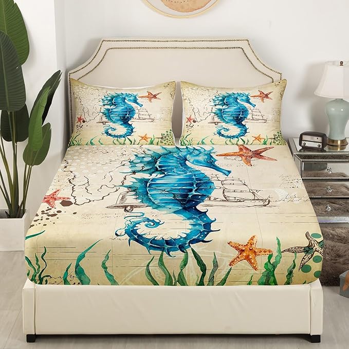 Kid's Bed Sheet Set Twin Seahorse Bedding Set for Boys Girls Teens Bedroom Decor,Soft Microfiber Marine Mediterranean Style Design Ocean Sheet Set Includes Fitted Sheet + Flat Sheet + 1 Pillow Case - Image 2