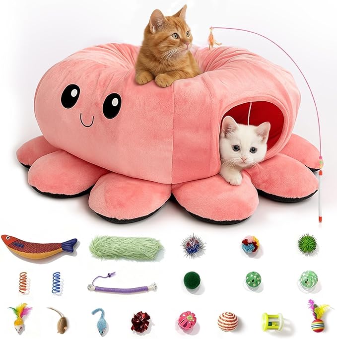 Cat Tunnel Bed with 20 Cat Toys, Collapsible Play Tunnel for Indoor Cats, Kitten Toys for Indoor Kittens, Octopus Shaped by FortheHeartbeatinYourLap