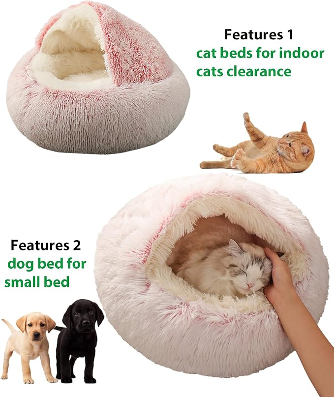ShinHye Cat Bed Round Plush Fluffy Hooded Cat Bed Cave, Cozy for Indoor Cats or Small Dog beds, Soothing Pet Beds Doughnut Calm Anti-nxiety Dog Bed - Waterproof Bottom Washable (26×26inch, Pink) - Image 4