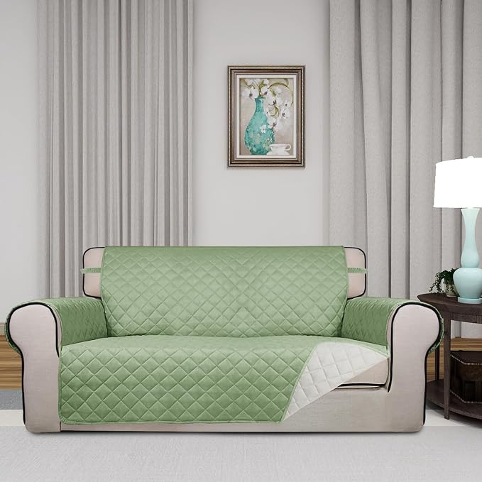 PureFit Reversible Quilted Couch Covers for Dogs Loveseat Sofa Cover 54" | Sage Green/Ivory, Water Resistant Couch Protector, Washable Pet Couch Cover with Non Slip and Elastic Straps For Kids - Image 2