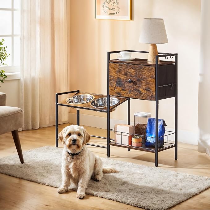 HOOBRO Elevated Dog Bowls Stand with Drawer, Height Adjustable Raised Feeding Station Cabinet with Storage Basket, 4-IN-1 Pet Storage Organizer for Large Medium Breeds, Rustic Brown and Black BF22PO03 - Image 4