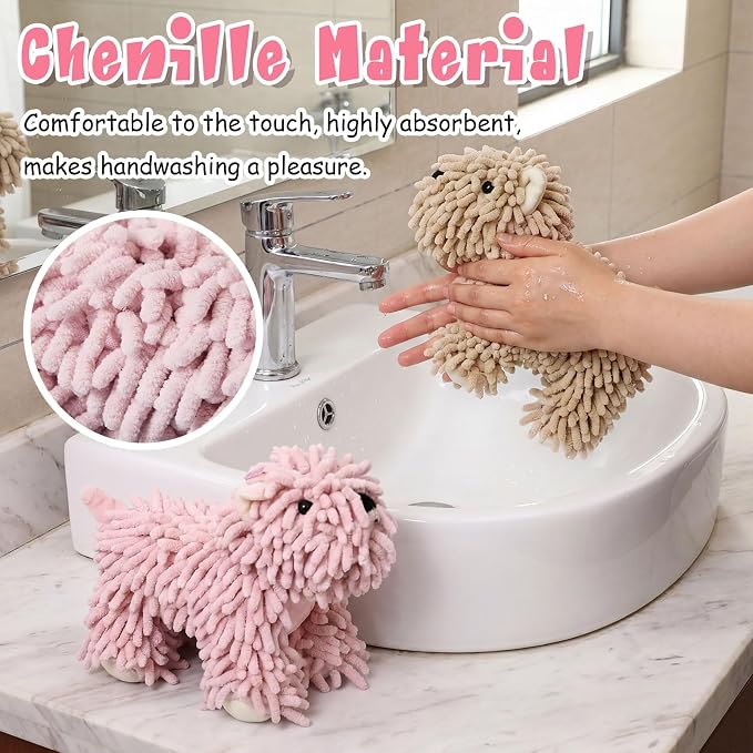 Tegeme 2 Pcs Chenille Dog Hand Towel Fuzzy Towel Absorbent Microfiber Soft for Bathroom Kitchen Washstand (Pink Brown,Standing Dog) - Image 4