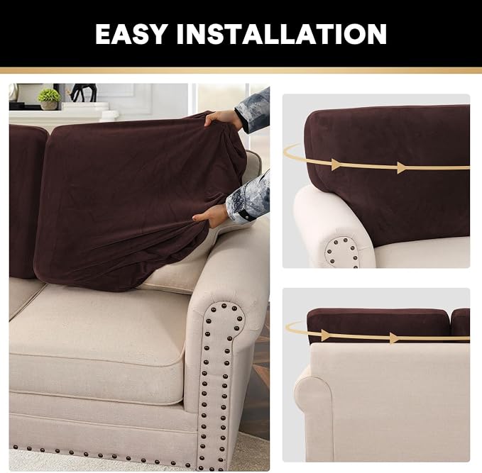 PrinceDeco Sectional Couch Covers Velvet Cushion Covers for Sectional Couch Cushion Covers for Sectional Sofa Separate Sectional Sofa Slipcovers Washable(1 Chaise Back+ 2 Sofa Back,Brown) - Image 6