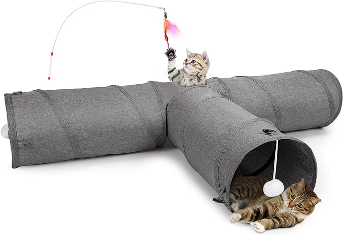 Ownpets Cat Tunnel, 3 Way Collapsible Kitty Tunnel 47 inch Long Cat Tube with Plush Ball & Feather Toy, Cat Play Tunnel for Indoor Cat, Kitten, Rabbit by Ownpets