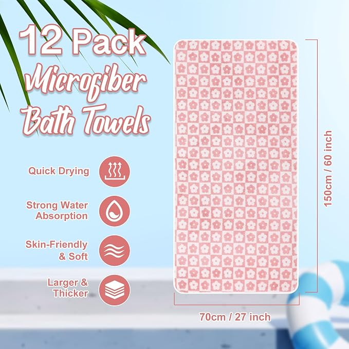 SmoothNovelty 12 Pack Microfiber Bath Towels Bulk 27'' x 60'' Oversized Size Bath Towel Highly Absorbent Extra Large Soft Drying for Beach Shower Summer Salon Sport Gym Party (Flowers,Pink) - Image 2