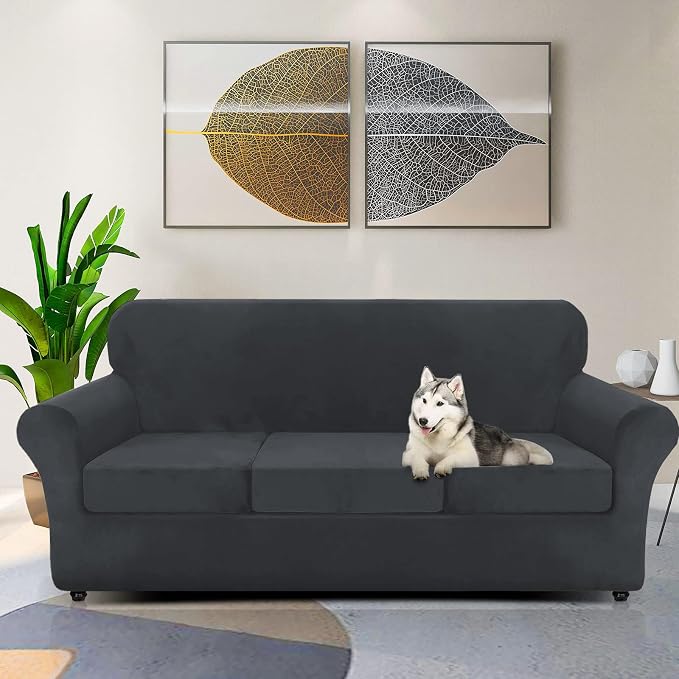 ZNSAYOTX Oversized Velvet Couch Cover 4 Piece (92"-115") Stretch Sofa Covers for 3 Cushion Couch Thick Soft XL-Slipcover with Non Slip Strap, Dog Pet Friendly Nice Furniture Protector (Black) - Image 2