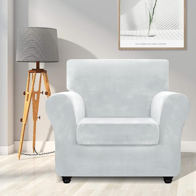 ZNSAYOTX Luxury Velvet Chair Slipcovers with Arm 2 Piece Stretch Chair Covers for Living Room Thick Soft Armchair Slipcover Anti Slip Pet Friendly Furniture Protector (Silver Grey),30"-47"(1 Cushion) - Image 2