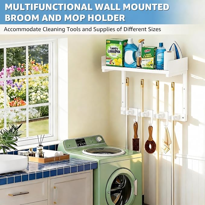 Mop Broom Holder Wall Mount with Top Shelf, Broom Organizer Wall Mount | 15inch,Mop Broom Wall Hanging Heavy Duty Tools Storage Rack Space-Saving for Garage,Kitchen,Laundry Room - Image 6